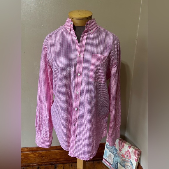 J. McLaughlin Gingham Check Casual Or Dress Shirt Large Pink White - Picture 2 of 9